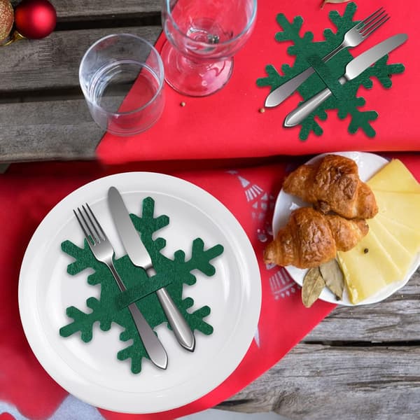 4 stk. julebestikholdere, julesnefnugformede bestikposer til julepynt, middagsbord, festpynt (grøn)