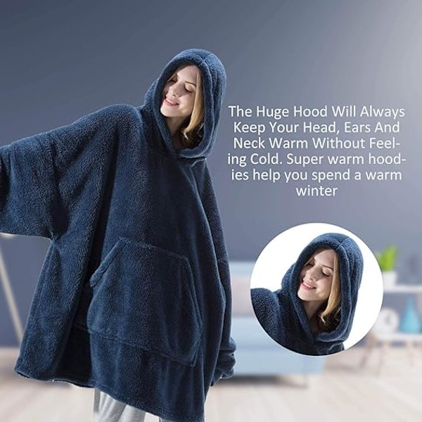 Hettegenser-teppe, Oversized Sherpa-hettegenser, Bærbar hettegenser-genser-teppe, Supermyk varm komfortabel teppe-hettegenser, One Size Fits All Adults Dark Blue