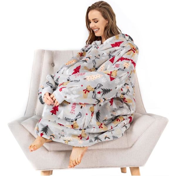 Oversized bærbare tæpper, blødt plys trykt Sherpa tæppe sweatshirt med lommer, one size fits all Elk