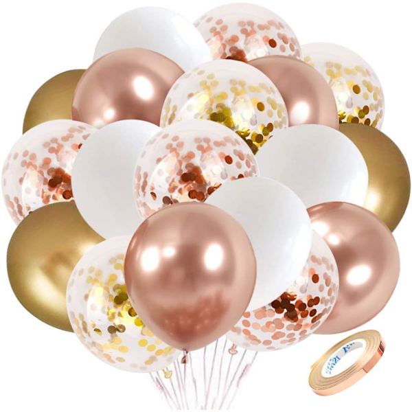 Konfetti Latex Balloner i Rosaguld, 60 sæt 12 tommer Hvid Guld Fest Ballon med Rosaguld Bånd til Fødselsdag Bryllup Brudebad Dekoration