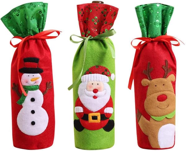 3-pack julvinflaskpåsar, presentpåsar med dragsko, för julfest, middagsbordsdekoration