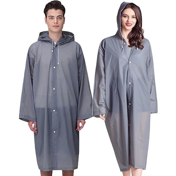 Regnponchos för vuxna återanvändbara, 2 st regnrockar nöd för kvinnor män med huva och dragsko vuxna poncho-grå