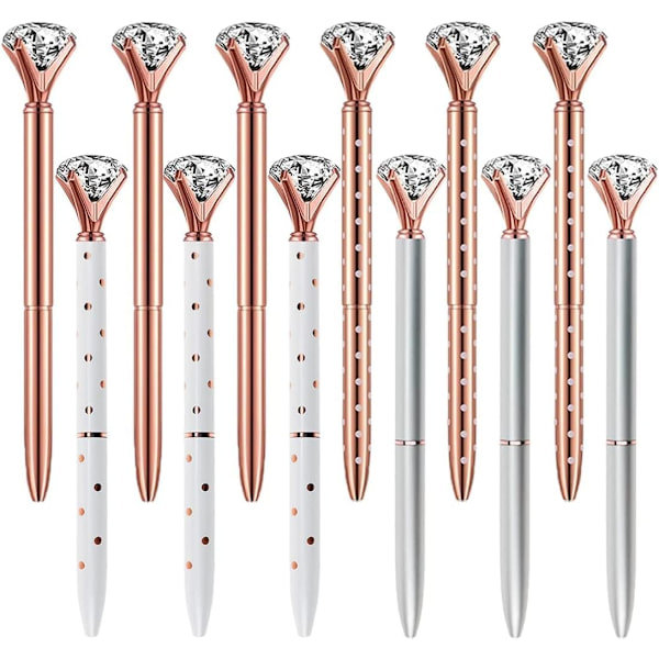 12 st Diamantkristallpennor, Roséguld Metallkulapenna 0,5 mm Svart Bläck Gelpenna med 4 Kulapenna-påfyllningar