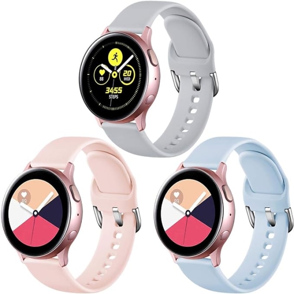 3-pack handledsband, kompatibel med Samsung Galaxy Watch, mjukt silikonarmband, för Galaxy Watch Active/Watch 3/Gear Sport, rosa/ljusblå/grå