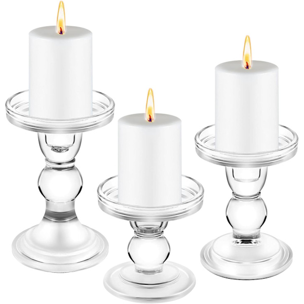 Glass Lysestake Sett med 3, Klare Krystall Lysestaker for Pillar Taper Lys og Telys, for Hjem Middagsbord Fest Hjemmeinnredning