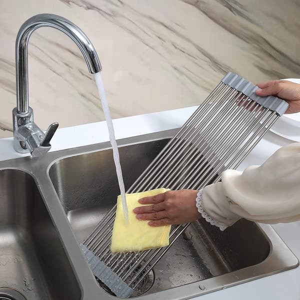 Rull opp oppvaskstativ, SUS304 Over The Sink Multipurpose Roll-Up Oppvaskstativ, Grå