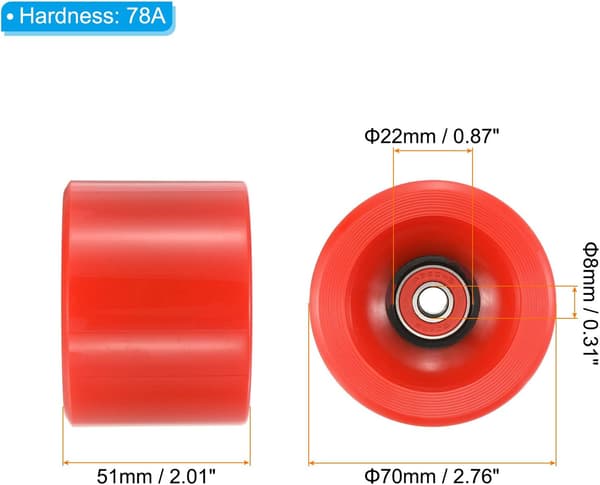 78A Longboard Hjul, med ABEC-9 Lejer, Bløde Cruiser Hjul, til Skateboards, Rød