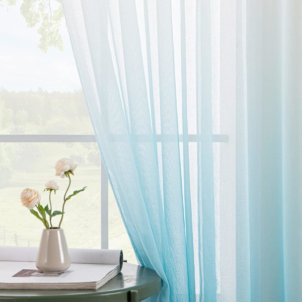 Transparenta gardiner voile gardin med öljetter färggradient dekorativ gardin fönstergardin för sovrum och vardagsrum, set med 2 Blue 132cm*214cm