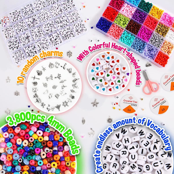 4mm 5000 st Friendship Armband Making Kit Glaspärlor Craft Kit Set, Bokstavs Alfabet DIY Konst och Hantverk Födelsedag Jul Present