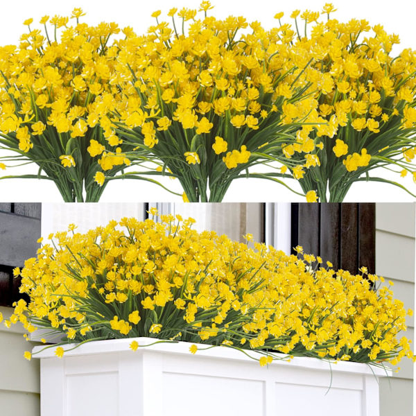 Konstgjorda falska blommor, 12 buntar utomhus UV-beständiga grönskande buskar växter inomhus utomhus hängande planterare hem trädgårdsinredning Yellow