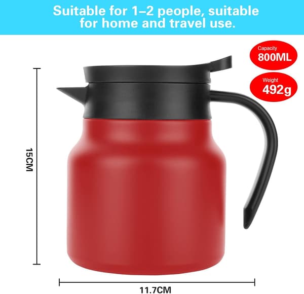 Vakuumtekande med infuser, si til løs te, kaffekande i rustfrit stål med temperaturdisplay, 800 ml, rød