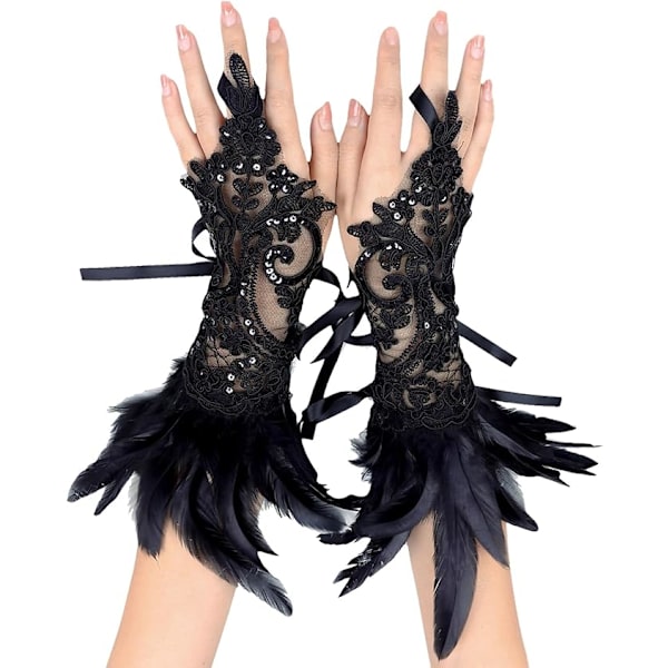 Fjerblonder Handsker, Vintage Blonder Handsker, Blonder Handsker, Velegnet til Aftensfester, Karneval, Halloween, Galla, Cosplay, Fest Black