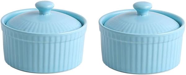 2 st keramiska ramekiner med lock, skålar för snacksdipp, för crème brûlée-ramekiner, mikrovågsugnssäker, 8,4x6,4 cm, blå