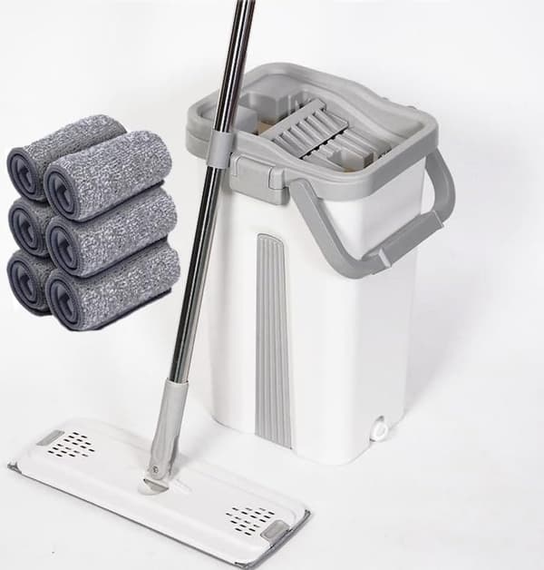 FLAT MOP NYHET! Overlegen solid og sterk, enkel og grei klemmebøtte, flat mopp med 8 puter inkludert erstatning 10 minutter