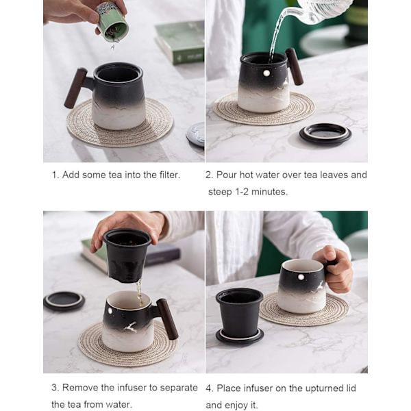 Moon Deer Keramisk Tekop med Infuser og Låg Kaffe Kops med Si og Træ Håndtag 14.5 OZ (Blå)