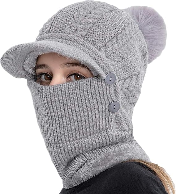 Dam Vinter Varm Stickad Basebollkeps, Ansiktsbandana Halsvärmare med Fluffig Pompom, Grå