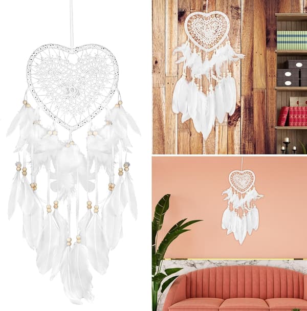 Drømmefanger, Nydelig Hjerteformet Drømmefanger, Håndlaget Blonde Drømmefanger, Boho Vevd Kunstpynt, for Soveromsinnredning, Hvit