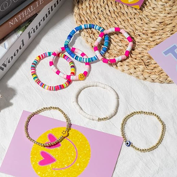7 stk. Preppy Stackable Armbånd Farverige Happy Smile Evil Eyes Stretch Armbånd Y2K Håndlavede Charms