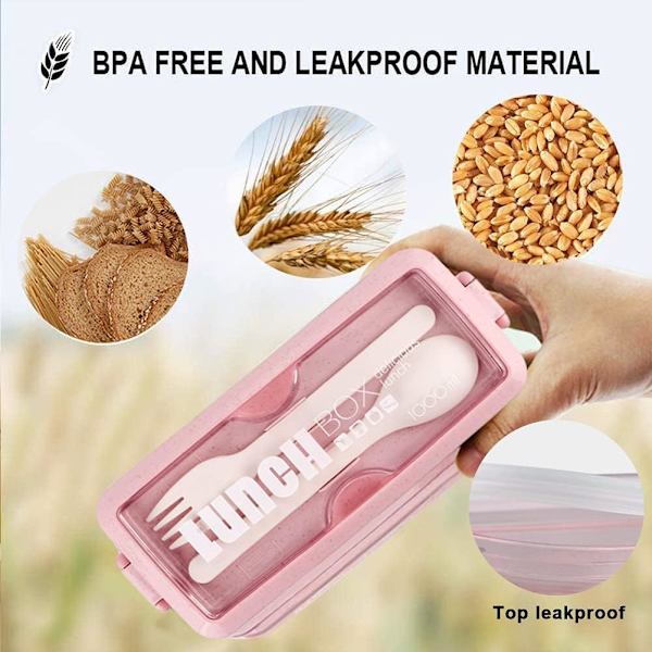 Madkasse, Opbevaringsbeholdere, Hvedestrå, Lækagesikker Stakbar Bento Madkasse Måltidspræparering pink