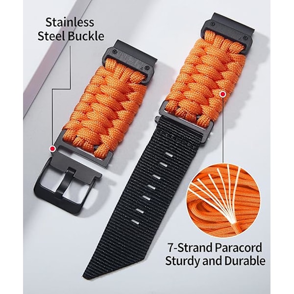 Kompatibel med Garmin Watch Strap 20mm, Heavy-Duty flettet nylon sportsreimerstatningsbånd passer til Forerunner/Instinct/Fenix/ Descent Orange