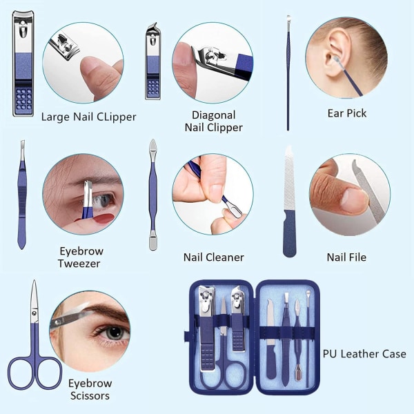 Manikyrsett for menn og kvinner, neglesakssett 8 i 1, rustfritt stål, tå- og fingerneglsaks, personlig pleieverktøy