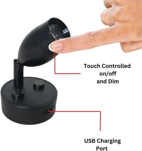 LED Læselampe 12V-24V 3W Sort Spotlight, Touch-styret kontakt, USB-opladning, til campingvogn autocamper båd sengelampe