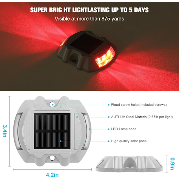 Solcelled Terrasselys, 4-pakks LED IP68 Vanntette Utendørs Advarselslys for Fortau Hage Sti Gårdsplass Red