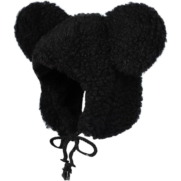 Sød Dyreørevarm Hue Vinter Fleece Hættehue Tegneseriebjørn Fluffy Bobble Beanie Hat Vindtæt Kuldebeskyttende Ørevarmere Fuld Hættehue til Kvinder Piger Black