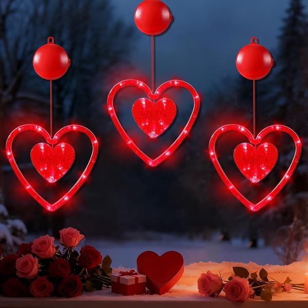 Valentinsdag vinduslys, 3 stk hengende vindusdekorasjoner, batteridrevne doble hjerte-lys med timerfunksjon, rød