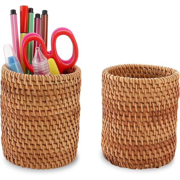 2 kpl Rattan-kynäpidikettä, käsintehty Wicker-kynäkuppi meikkisiveltimien pidike, kynälaatikko