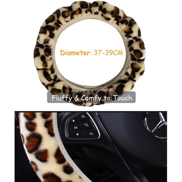Chic Leopard Print Fluffy Plush Rattmuff för Bilstryning Mjuk Vinter Varm Bil Rattmuff Skydd Stretch På Universal Passform 37-39cm
