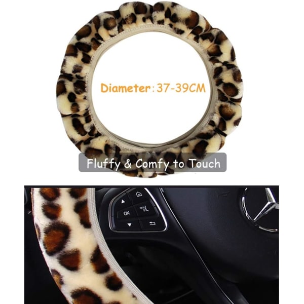 Stilig leopardmønstret fluffy plysj rattdeksel myk vintervarm bil rattbeskytter strekk på universell passform 37-39cm