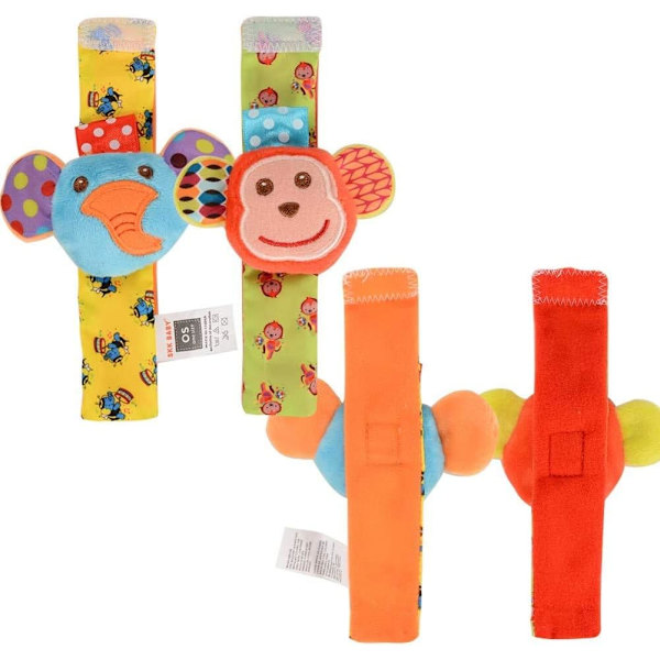 Baby Rattle, 4 stk. spedbarns håndledskall og fotfinnersett sokkeleker Utviklingsmessige myke dyreleker (2 elefanter + 2 aper)