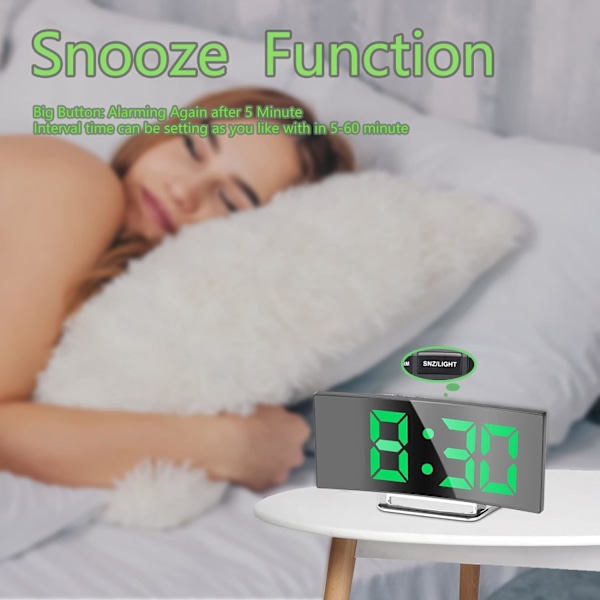 Digitalt vækkeur til soveværelset, moderne buet design sengebordsuhr, velegnet til personer, der sover mere, 2 lysstyrker, 12/24 timer, snooze, USB-drevet