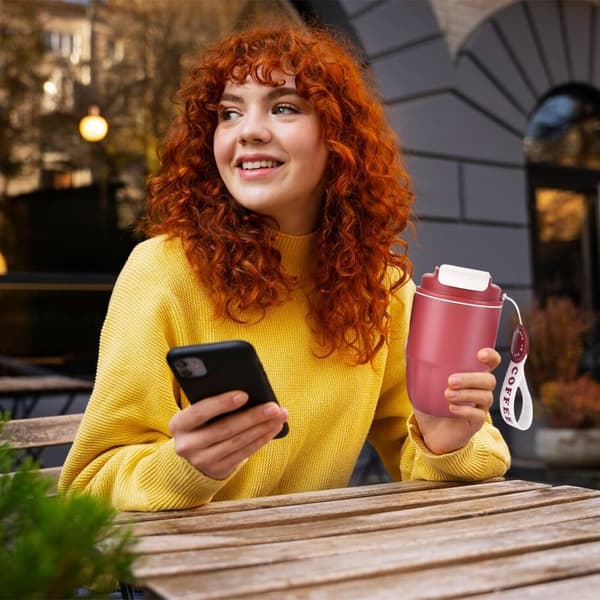 Kaffe Termos, 320ml, Mini Isolerad Kaffekopp, Rostfritt Stål Foder + Dubbel Pip för Drickande, Läckagesäker, för Presenter Red