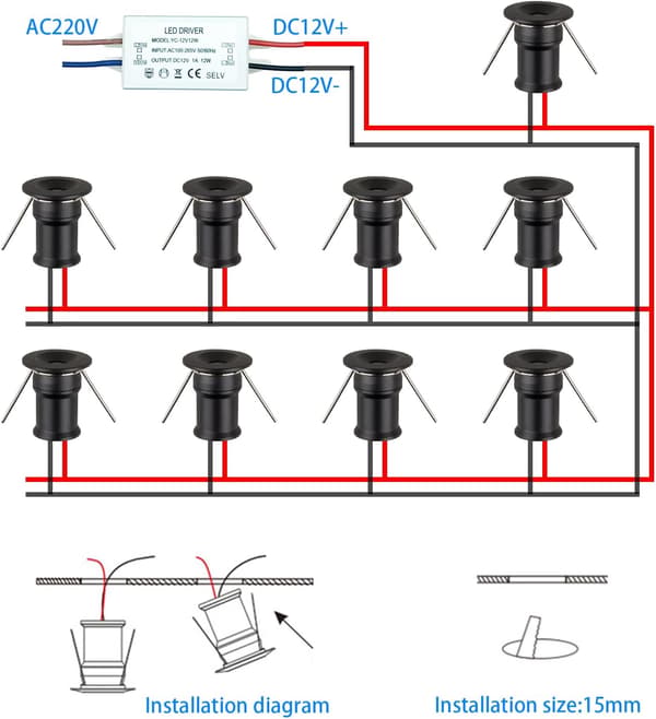 Led Mini Downlight DC12V 1W, til bogreoler og diverse udstillingsskabe som dekorative lys, indbygget installation, sort
