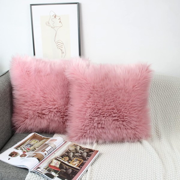 Blush Pink kuddfodral paket med 2 fluffiga mjuka fuskpäls fyrkantiga örngott, dekorativa fuzzy kuddfodral case 40 cm x 40 cm för bäddsoffa vardagsrum