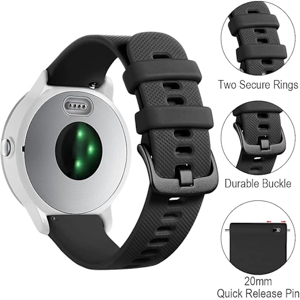 20mm armband för Garmin Vivoactive 3/3 Music/Venu/Venu 2 Plus/sq/sq 2/Forerunner 245/645/55, mjukt silikonersättningsarmband