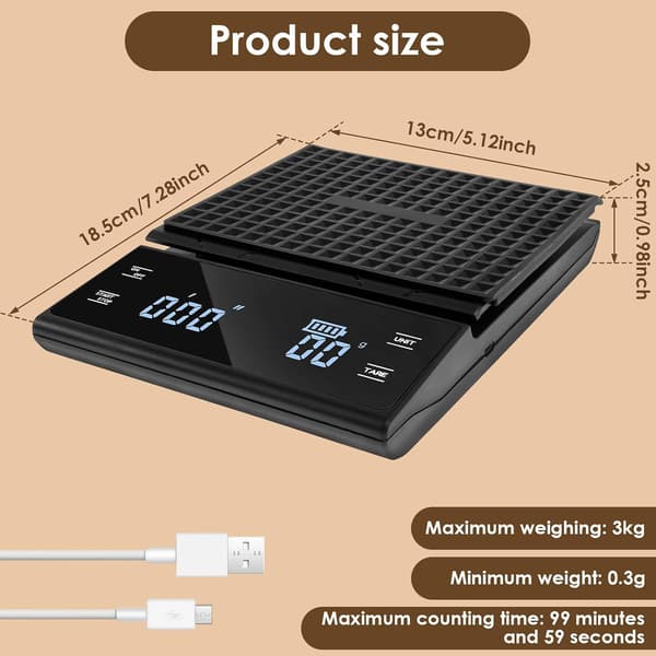 Kaffevåg med Timer, 0,1g/3KG Hög Precision, Enhet g/oz/ml, Portabel Kaffe Våg, för Hemmakök