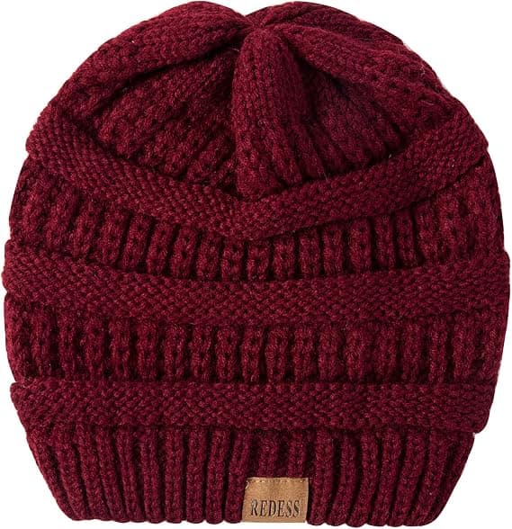 Slouchy Beanie Hue til kvinder Vinter Varm Chunky Blød Oversized Kabelstrikket Hue (Vinrød)