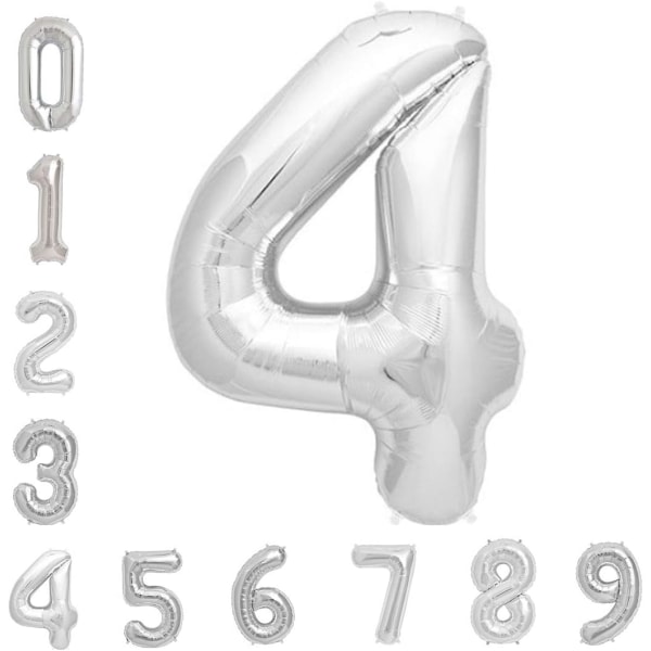 Silver Number 4 Balloon, 4th Birthday Party Foil Mylar Helium Balloons, 40 Inch