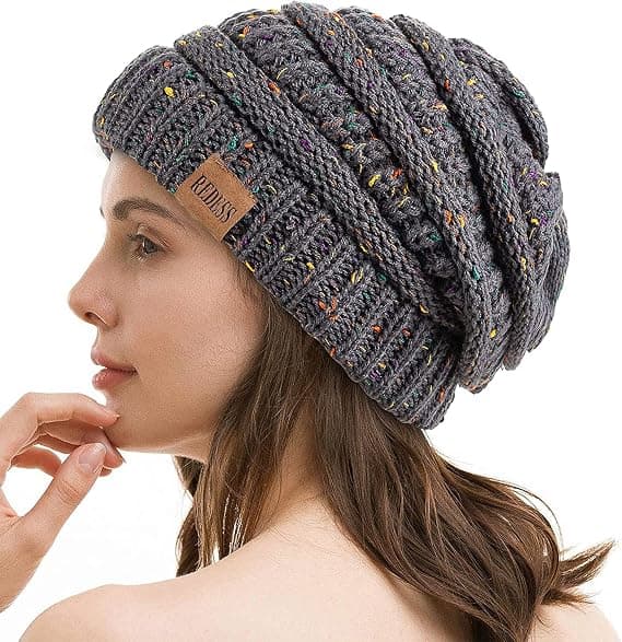 Slouchy Beanie Hue til kvinder Vinter Varm Chunky Blød Oversized Kabelstrikket Hue (Konfetti Mørkegrå)