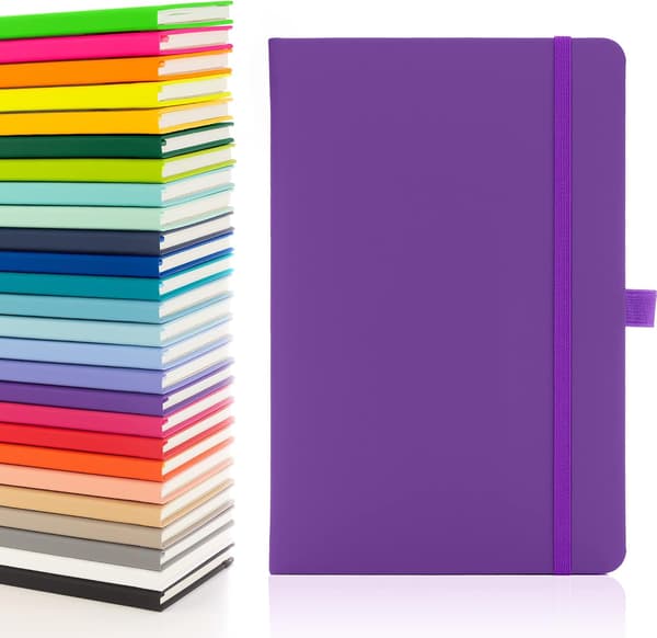 A5 Anteckningsbok med Linjerade Sidor, Band, Datummarkeringar och Pappersficka, Medium Hårdpärmsjournal, Anteckning, hållbart framställt papper (Lila)