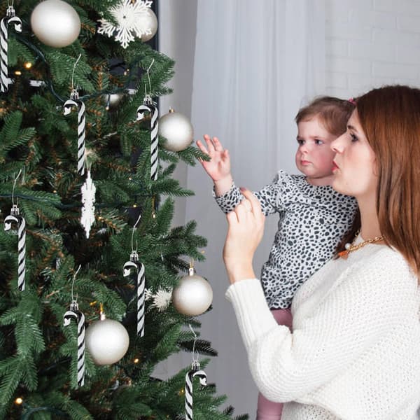 6 stk Julerød Glitter-Sukkerstang i Plast, Julerød Pynt til Juletreet for Jul og Nyttår (Svart & Hvit)