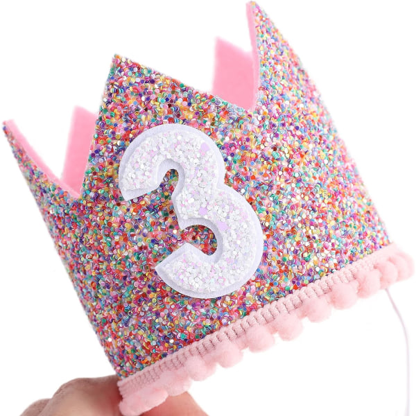 Rainbow Crown för 3-årsfest- Glitter Birthday Crown, Födelsedagshattar för barn, Babys födelsedag Fotorekvisita, Crown