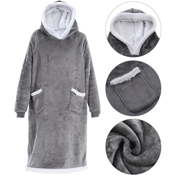 Ekstra lang hettegenser teppe kvinner oversized bærbar teppe koselig myk behagelig Sherpa fleece gigantisk bærbar hettegenser sweatshirt (lys grå) light grey