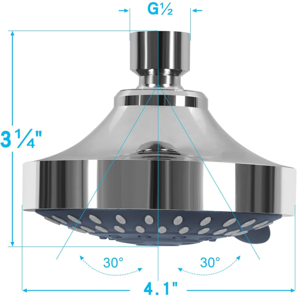 Duschhuvud med högt tryck, fast regnduschhuvud med 5 inställningar och justerbar metallkulled