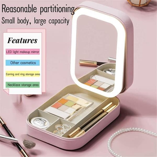 Integreret makeup-opbevaringsboks med lysfyldt spejl, 3 farvetilstande makeup-taske, LED-komplementærlys, foldbart etui (pink)