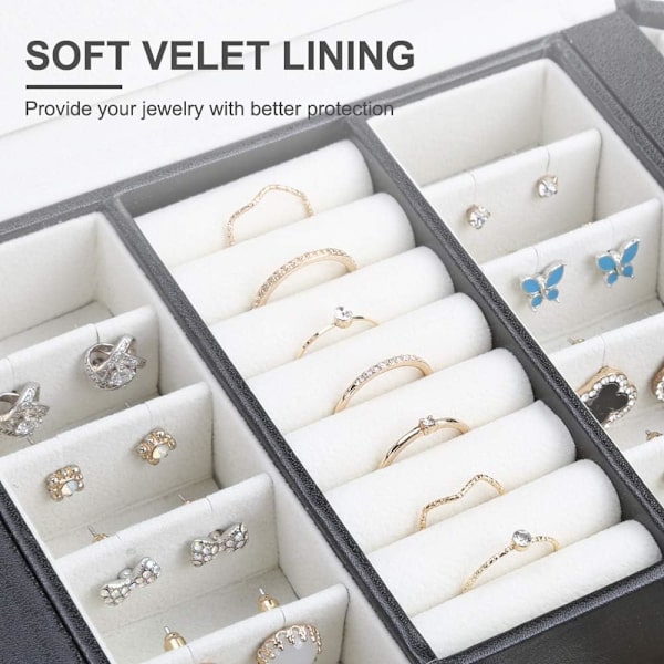 Smyckeskrin Organizer Tre Lager PU Läder Smyckeskrin för Ringar Örhängen Halsband Armband Faux Läder(svart)