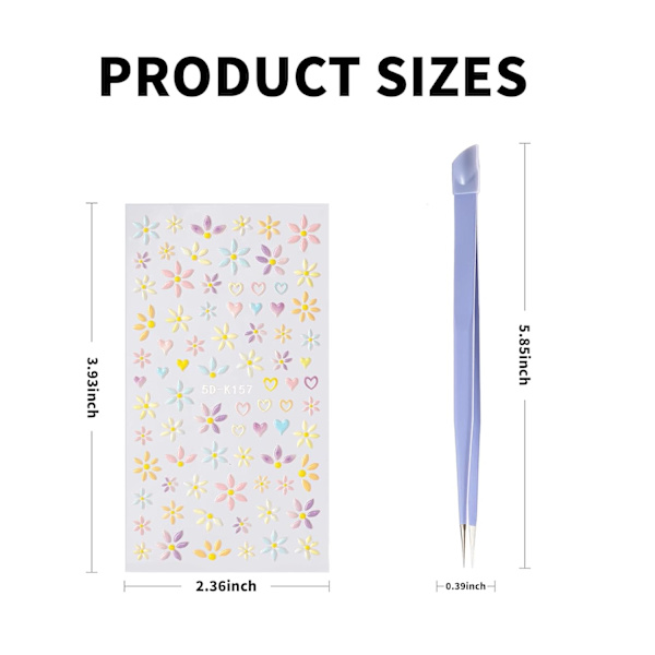 Blomster Nail Art Stickers, Embossed Nail Decals Nail Art Design Selvhæftende Negle Tilbehør med Neglepincet